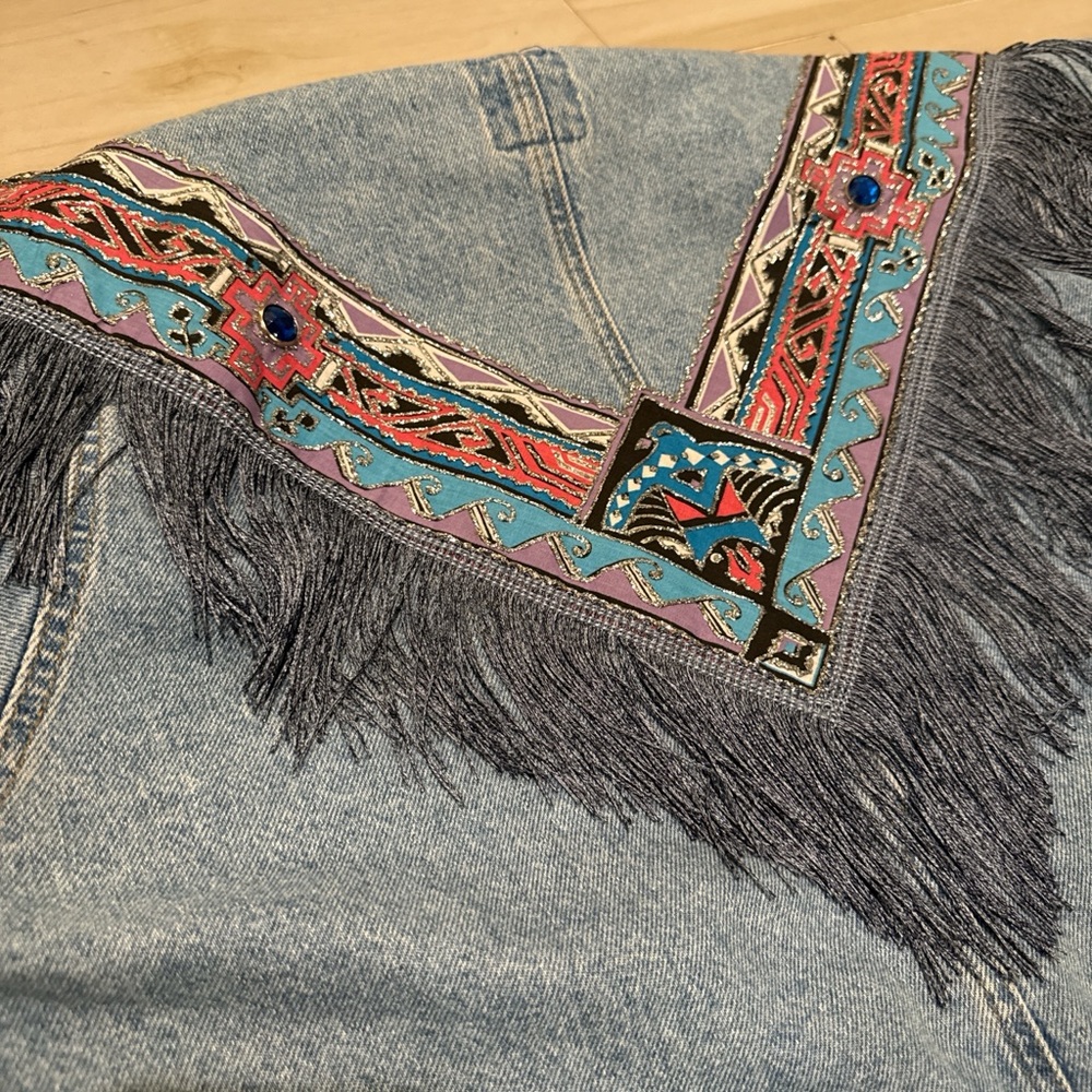 Vintage 90s #Denim Fringe Trench • Aztec #Western Jacket • FREE SHIPPING - Picture 8 of 16